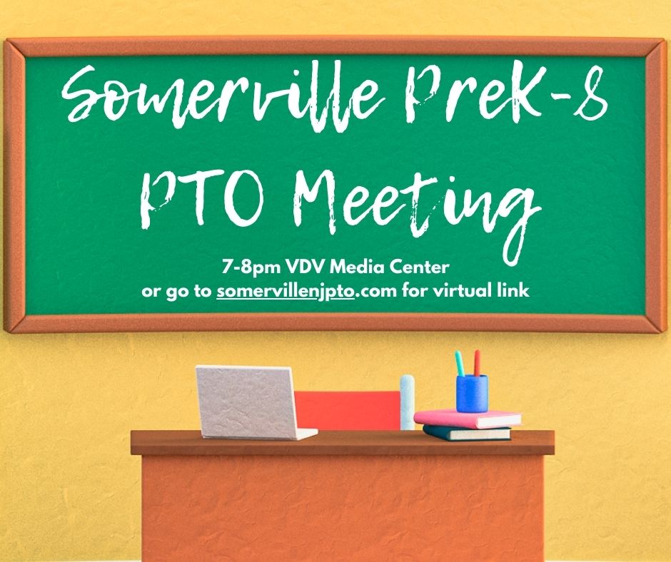 Somerville NJ PTO (@somervillenjpto) on Twitter photo Somerville PreK-8 PTO Meeting
TONIGHT!
Wednesday, May 21, 7:00 - 8:00pm
VDV Media Center, 51 Union Ave, Somerville
Find Virtual option on the website somervillenjpto.com/events-meetings
SEE YOU THERE! Somerville PreK-8 PTO Meeting
TONIGHT!
Wednesday, May 21, 7:00 - 8:00pm
VDV Media Center, 51 Union Ave, Somerville
Find Virtual option on the website somervillenjpto.com/events-meetings
SEE YOU THERE!