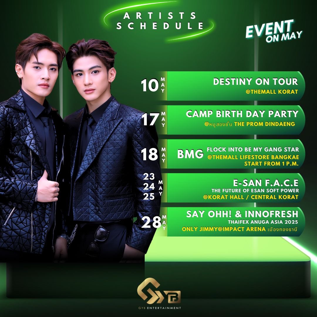 Timetheseries1's tweet photo. GYB ARTIST SCHEDULE
#GYBentertainment
#GYBartist
#CampKunatip
#JimmyJiramate
#JicaNattanon
#PotterIttikorn
#SnowWhite
#PraeployChalida
#BasKaran
#bl https://t.co/ZODvbaceOJ