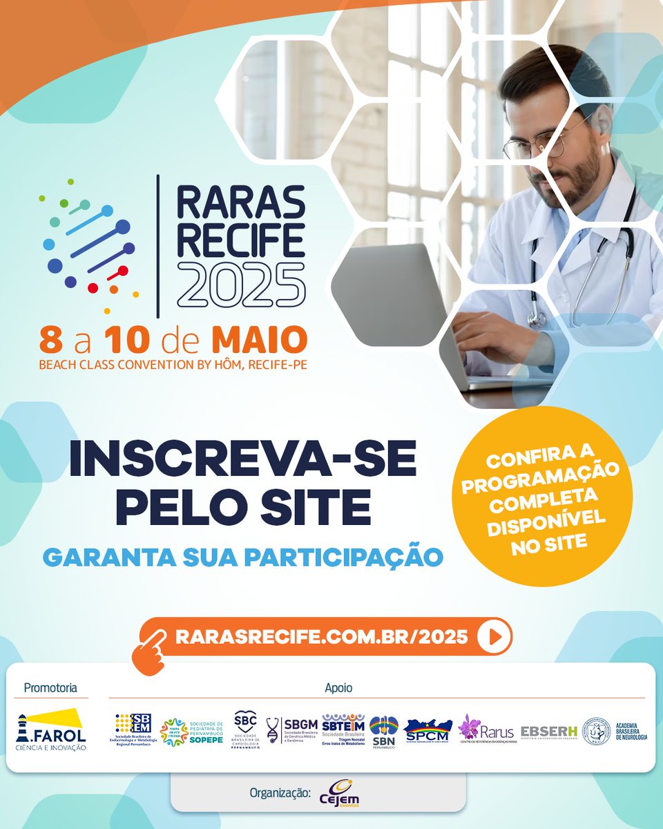 abneuro_'s tweet image. Raras Recife 2025 está chegando! 🧬
📅 De 8 a 10 de maio, o Beach Class Convention by HÔM, em Recife (PE), será palco de um encontro essencial sobre doenças raras no Brasil.
🔗 Garanta sua participação!
Acesse o site e inscreva-se: rarasrecife.com.br/2025
#RarasRecife2025