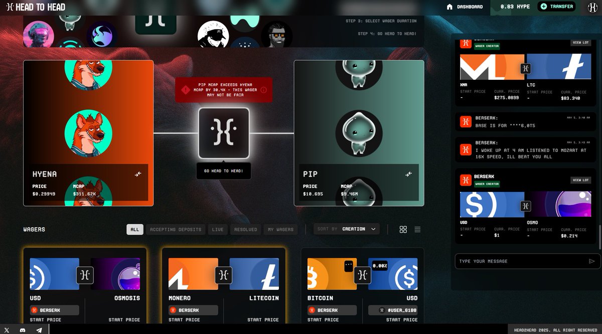 $HYENA vs $PIP anyone? 

On Head to Head, you can wager on whether your chosen token/nft will outperform your opponent's on-market

1) Choose your token/nft and your opponent's token/nft
2) Choose a timeframe for the wager
3) Double or nothing, withdraw if you win after expiry