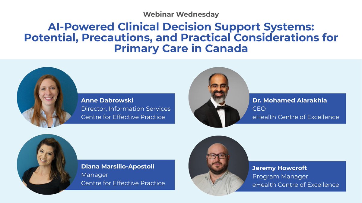 Centre for Effective Practice (@cephealth) on Twitter photo 🚨 Join us for a <a href="/DigiHealthCA/">Digital Health Canada</a> webinar on AI-powered Clinical Decision Support Systems in primary care, in partnership with the eHealth Centre of Excellence!
🗓 May 7 @ 12:00pm EST. 🔗 Register: digitalhealthcanada.com/event-calendar… 🚨 Join us for a <a href="/DigiHealthCA/">Digital Health Canada</a> webinar on AI-powered Clinical Decision Support Systems in primary care, in partnership with the eHealth Centre of Excellence!
🗓 May 7 @ 12:00pm EST. 🔗 Register: digitalhealthcanada.com/event-calendar…