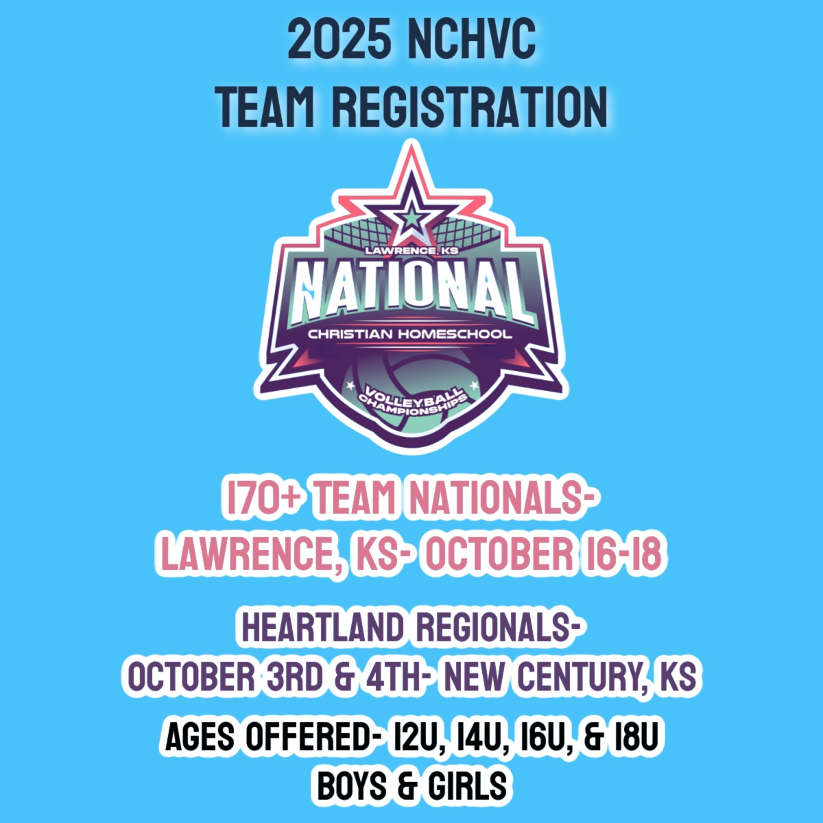 🚨 2025 NOW OPEN! 🚨
NCHVC 2025 TEAM REGISTRATION – NATIONALS &amp; Heartland Regionals  

The countdown is on! We expect the 2025 Nationals (October 16-18 in Lawrence, KS) to fill up before mid-June! 🌟 We've already heard from teams across multiple states planning their first trip
