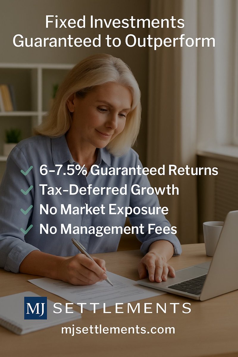 MJSettlements's tweet photo. Structured settlements:
 ✅6–7.5% returns
 ✅Tax-deferred
 ✅ No fees
 ✅ No market risk
#SmartMoney #MJSettlements #PassiveIncome https://t.co/jSMC9kmLfj
