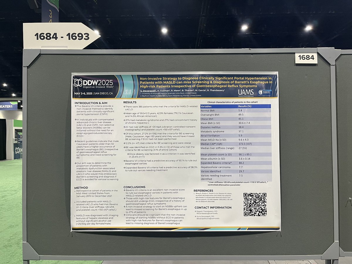 UAMS Division of Gastroenterology & Hepatology (@uams_gihep) on Twitter photo Shout-out to our <a href="/SDK2011/">Suria Khurana</a> for presenting her research:
🔴 “Non-Invasive Strategies to Diagnose Clinically Significant Portal Hypertension in Patients with MASLD May Miss Screening and Diagnosis of Barrett’s Esophagus in High-Risk Patients, Regardless of GERD Symptoms”
#DDW2025 Shout-out to our <a href="/SDK2011/">Suria Khurana</a> for presenting her research:
🔴 “Non-Invasive Strategies to Diagnose Clinically Significant Portal Hypertension in Patients with MASLD May Miss Screening and Diagnosis of Barrett’s Esophagus in High-Risk Patients, Regardless of GERD Symptoms”
#DDW2025