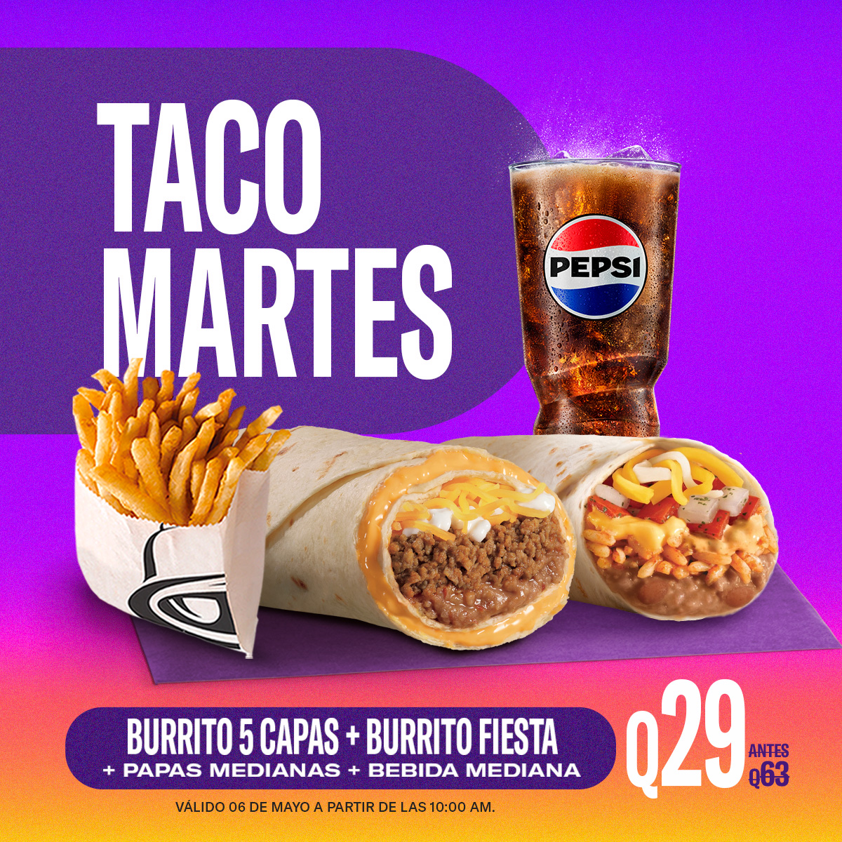 Cuando la vida te da un Taco Martes, ¡se aprovecha! 😉🌮🤤

Burrito 5 Capas + Burrito Fiesta + Papas medianas + Bebida mediana por Q29.

Pídelo a domicilio al 2202-0111.

📲Ordena aquí lili.ly/df4102bf