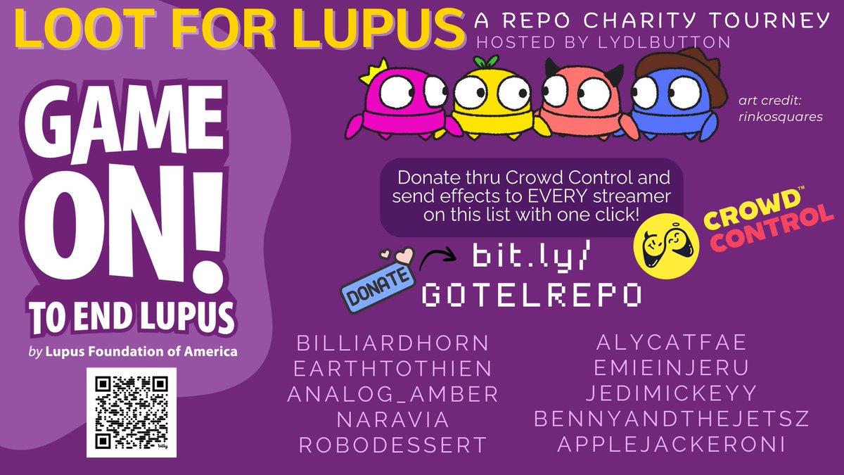 ๐ฉ aly ๐ช (@alycatfae) on Twitter photo TONIGHT! LOOT 4 LUPUS!
As a Lupus Warrior myself Iโd like to thank <a href="/lydlbutton/">Lydia ๐</a> for hosting this event for <a href="/LupusOrg/">Lupus Foundation of America</a> ๐
Come watch my team in a Crowd Control REPO Charity Tourney!
@ 8pm est โ ttv/ alycatfae TONIGHT! LOOT 4 LUPUS!
As a Lupus Warrior myself Iโd like to thank <a href="/lydlbutton/">Lydia ๐</a> for hosting this event for <a href="/LupusOrg/">Lupus Foundation of America</a> ๐
Come watch my team in a Crowd Control REPO Charity Tourney!
@ 8pm est โ ttv/ alycatfae