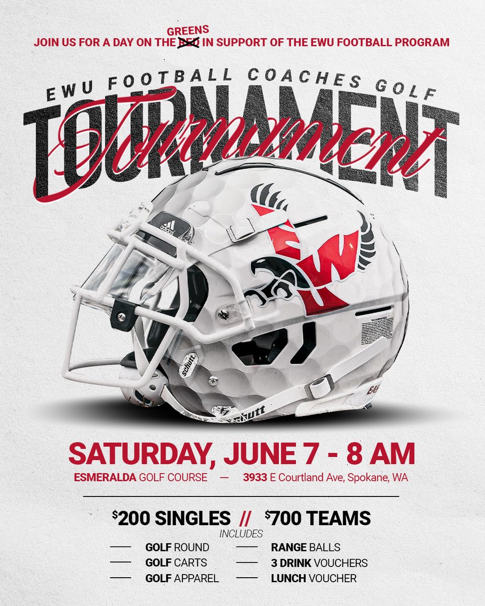 EWU Football π (@ewufootball) on Twitter photo Our annual Football Coaches Golf Tournament is on Saturday, June 7th, with an 8 AM shotgun start at <a href="/Esmerelda/">Siobhan Nevin</a> Golf Course in Spokane! Our annual Football Coaches Golf Tournament is on Saturday, June 7th, with an 8 AM shotgun start at <a href="/Esmerelda/">Siobhan Nevin</a> Golf Course in Spokane!