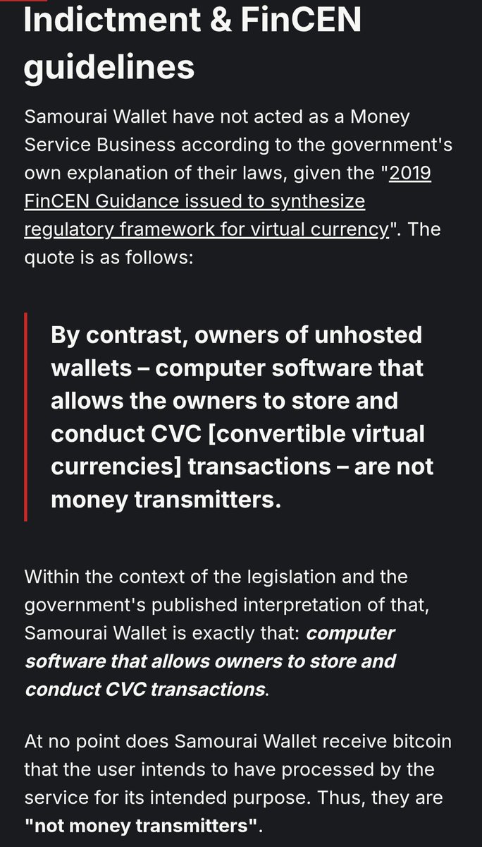 PavelTheCoder's tweet image. You&apos;d have to be completely corrupt (which DoJ is) to arrive to a conclusion that SW was a money transmitter. In a just world, heads would roll. Literally.

blog.ronindojo.io/freesamourai/
