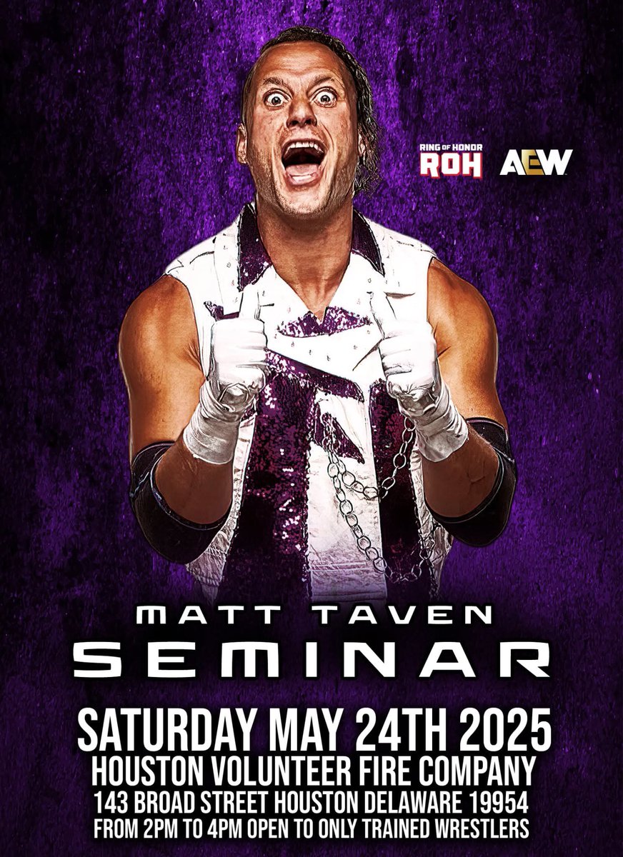 My #BFF <a href="/MattTaven/">ᴛʜᴇ ᴛʀᴇɴᴅ MʌTT TʌVEN</a> is hosting a Seminar on 5/24, <a href="/1CWProWrestling/">1CWProWrestling</a>’s event in Houston, Delaware!

DM me for additional information, or, to secure your space.