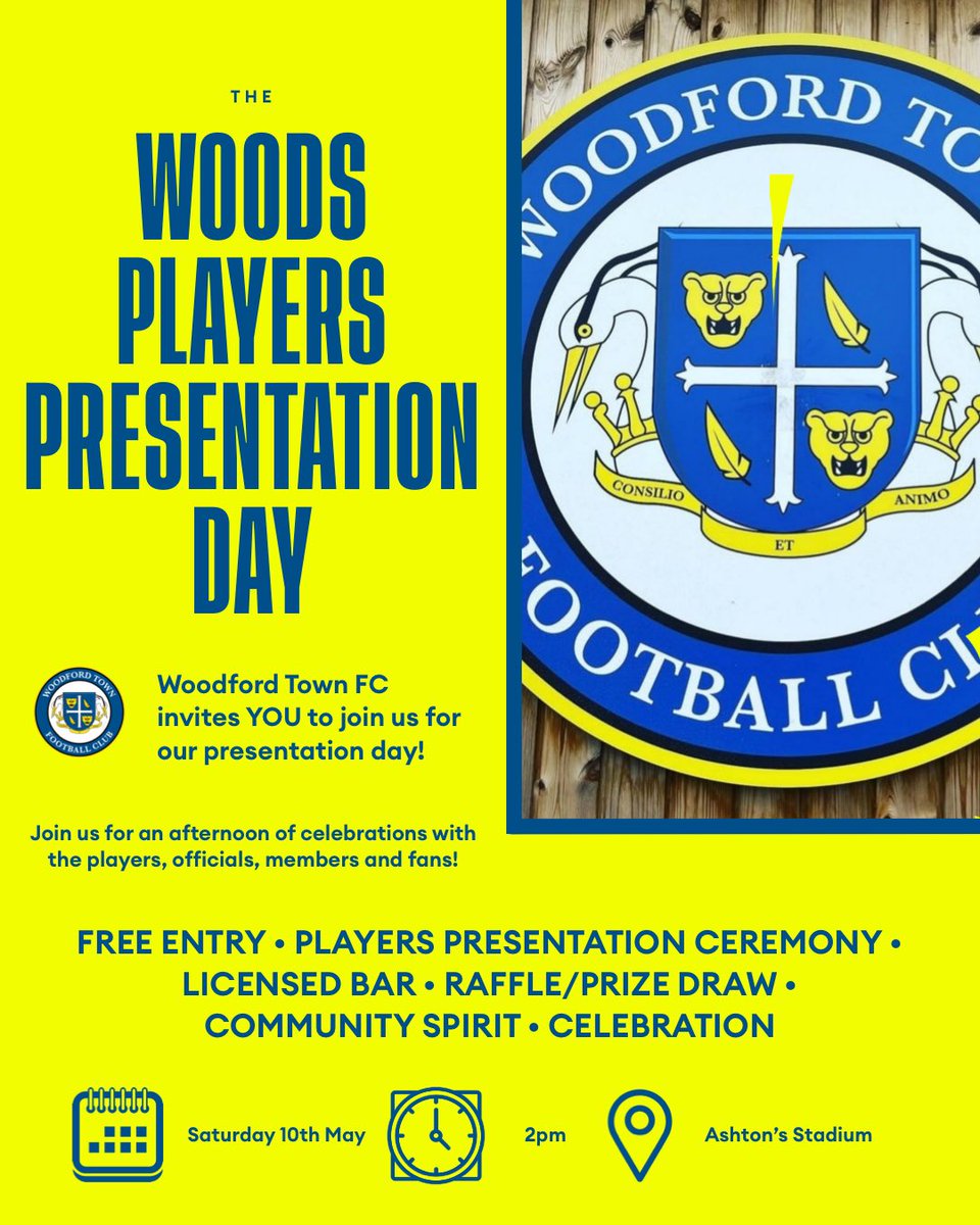 We’re inviting YOU to join us for our annual Woodford Town FC Players Presentation Day! 🫵🪵

Join our players, officials, members and fans for FREE at Ashton’s Stadium on Saturday 10th May from 2pm as we celebrate what has been another fantastic season for the Club! 💛💙
