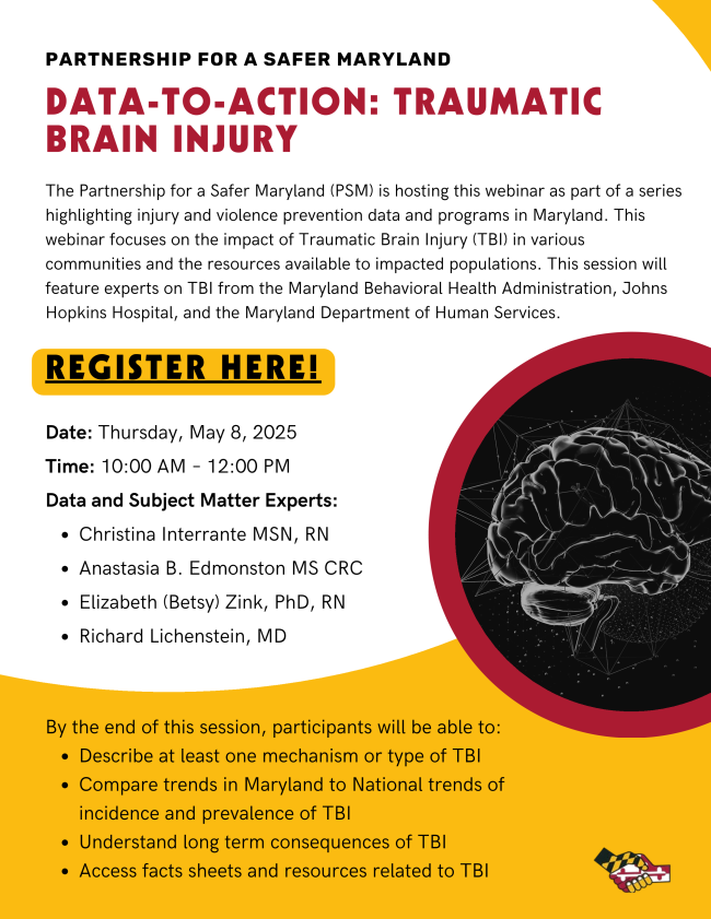 Johns Hopkins Trauma (@hopkinstrauma) on Twitter photo Join us for the next webinar in our #InjuryPrevention series, hosted by the <a href="/Safer_Maryland/">Partnership for a Safer Maryland</a> . Weāre diving into the impact of Traumatic Brain Injury (TBI) across Maryland communities + the resources available.
Hear from experts at @MDH, <a href="/HopkinsMedicine/">Johns Hopkins Medicine</a> & <a href="/MDHumanServices/">Maryland Department of Human Services</a>. Donāt Join us for the next webinar in our #InjuryPrevention series, hosted by the <a href="/Safer_Maryland/">Partnership for a Safer Maryland</a> . Weāre diving into the impact of Traumatic Brain Injury (TBI) across Maryland communities + the resources available.
Hear from experts at @MDH, <a href="/HopkinsMedicine/">Johns Hopkins Medicine</a> & <a href="/MDHumanServices/">Maryland Department of Human Services</a>. Donāt