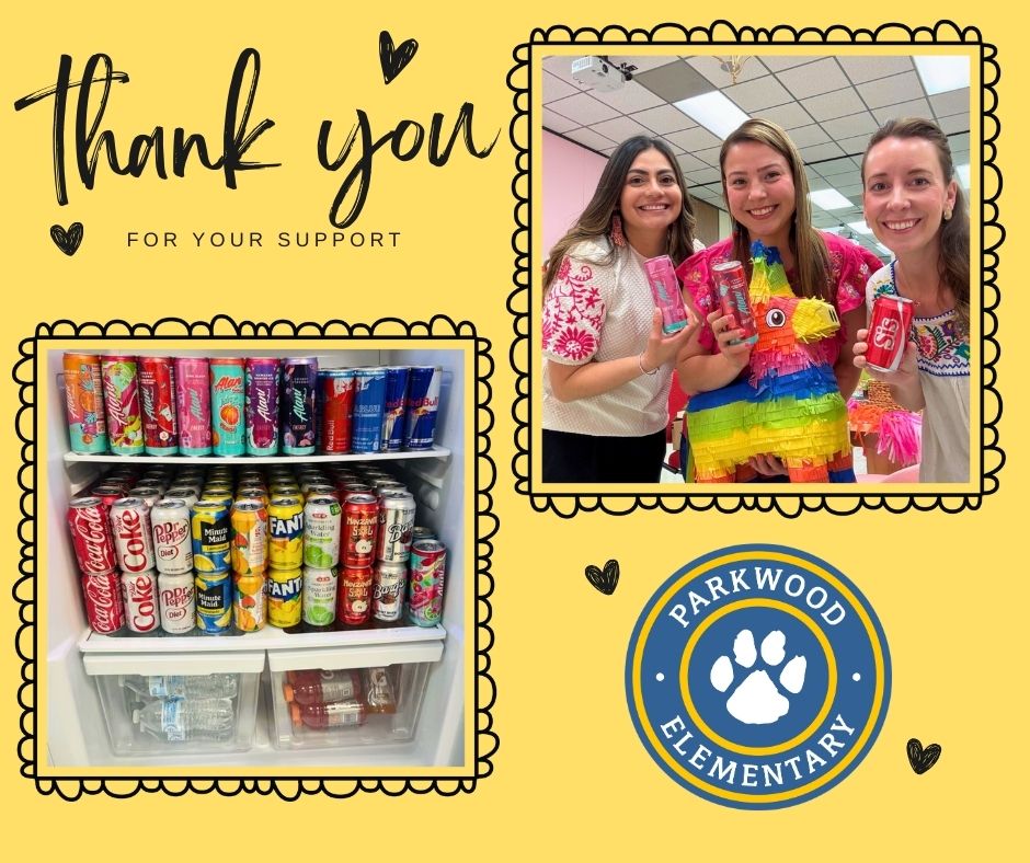 DPISD_PWE's tweet photo. 🌟 A huge shoutout to our amazing Parkwood Parents! Thanks to your generous donations, our staff fridge is filled with drinks today! ❤️ Your support makes all the difference! #Thankful https://t.co/6KUlP79sU3