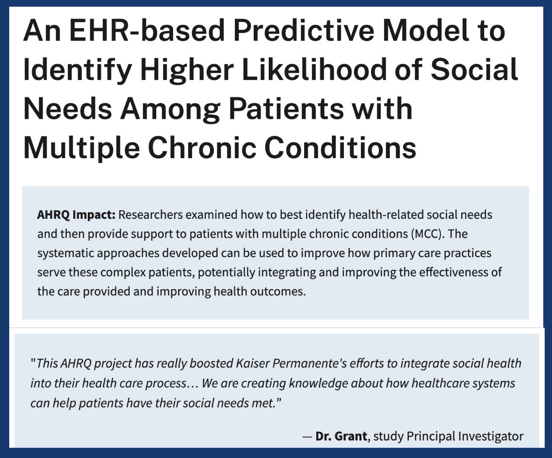 Kaiser Permanente Research NorCal (@kpdor) on Twitter photo Great to see this <a href="/AHRQNews/">AHRQ</a> impact story that highlights Richard Grant's work at <a href="/KPDOR/">Kaiser Permanente Research NorCal</a> to address social needs of <a href="/kpnorcal/">KPNorthernCal</a> patients with multiple chronic conditions.
Story: bit.ly/4k5iRpV Great to see this <a href="/AHRQNews/">AHRQ</a> impact story that highlights Richard Grant's work at <a href="/KPDOR/">Kaiser Permanente Research NorCal</a> to address social needs of <a href="/kpnorcal/">KPNorthernCal</a> patients with multiple chronic conditions.
Story: bit.ly/4k5iRpV