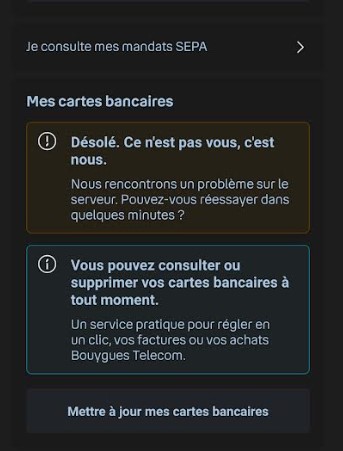 raphaelcharroux's tweet photo. @bouyguestelecom 
Le pire opérateur Mobile ...
Impossible de mettre à jour ses coordonnées bancaires...
Par contre après des changements bancaires, je souhaitais payer ma  précédente facture par CB . du coup paiement 2J en retard et facture de frais de 10 euros. Une honte ... https://t.co/MMy104WvEY