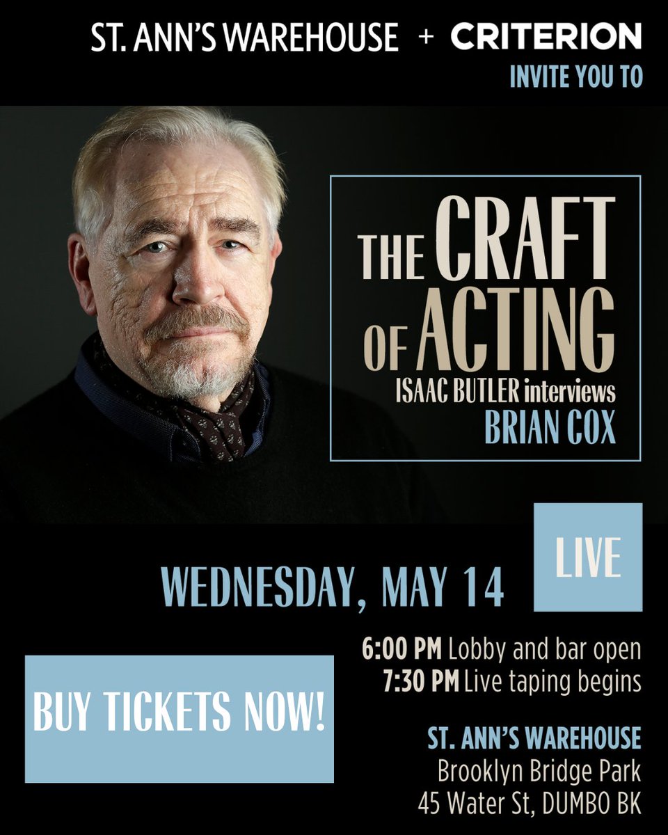 Criterion Collection (@criterion) on Twitter photo 🎭 On May 14, join us at <a href="/stannswarehouse/">St. Ann's Warehouse</a> in Brooklyn for a live conversation between stage and screen icon Brian Cox and author Isaac Butler — the second installment of our <a href="/criterionchannl/">Criterion Channel</a> original series THE CRAFT OF ACTING! bit.ly/4jOPE2p 🎭 On May 14, join us at <a href="/stannswarehouse/">St. Ann's Warehouse</a> in Brooklyn for a live conversation between stage and screen icon Brian Cox and author Isaac Butler — the second installment of our <a href="/criterionchannl/">Criterion Channel</a> original series THE CRAFT OF ACTING! bit.ly/4jOPE2p