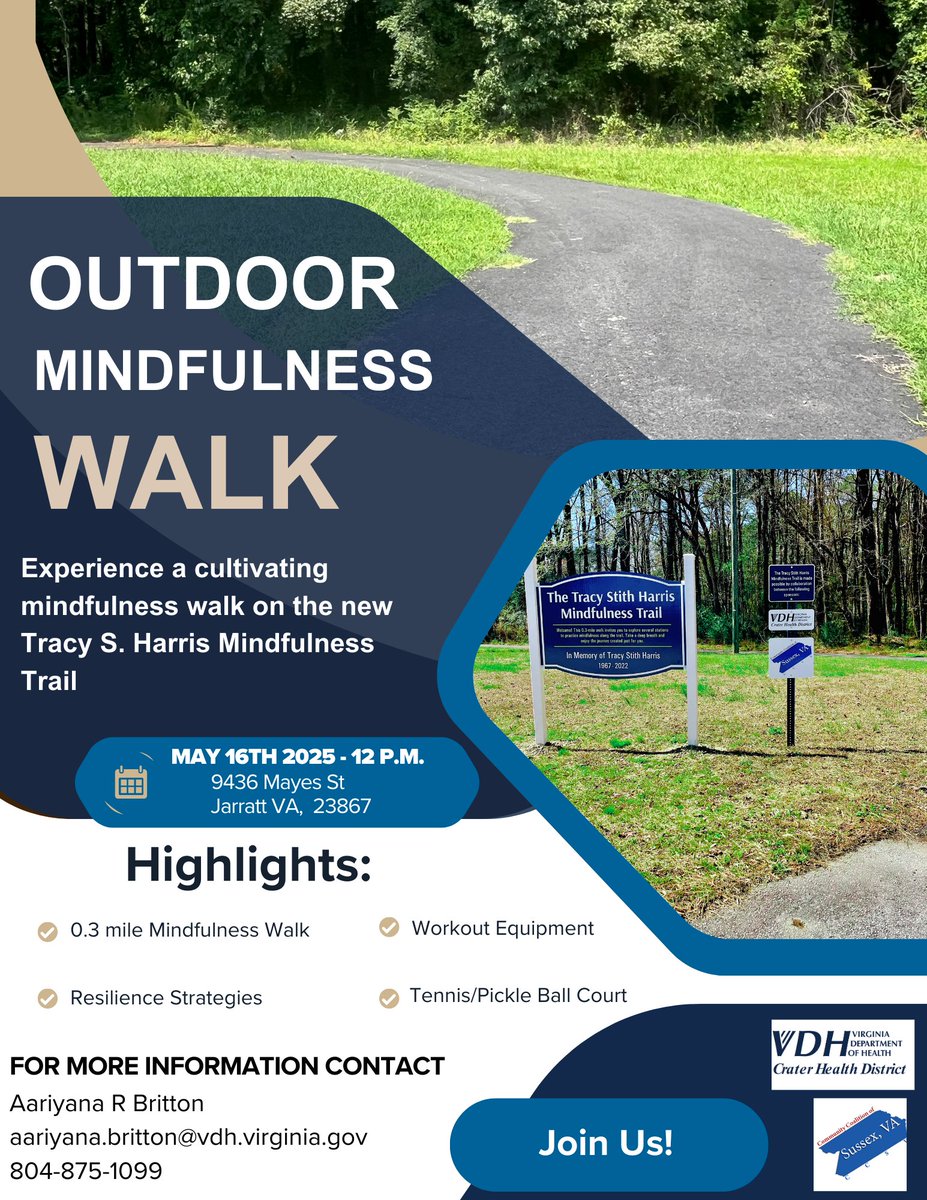 The Mindfulness Walk scheduled for tomorrow, 5/6/25, at the Tracy S. Harris Mindfulness Trail (9436 Mayes St, Jarratt, VA) has been postponed due to weather conditions. It is now scheduled for 5/16 at noon.