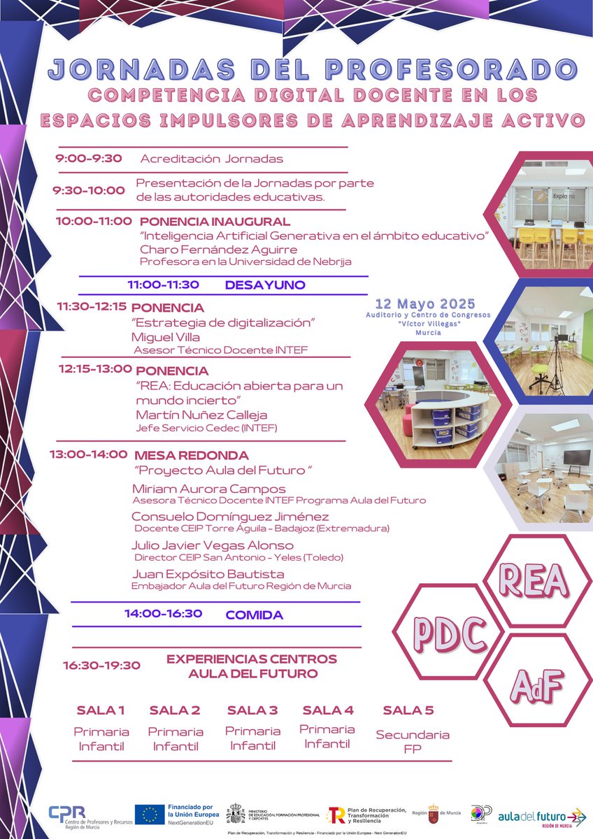 Jornadas Formación Profesorado Región de Murcia 
#CompetenciaDigital #REA #RecursosEducativosAbiertos #PDC #PlanDigitalCentro #IA #InteligenciaArtificial #IAA #EspaciosImpulsoresAprendizajeActivo #AdF #AulaDelFuturo #AdF_Mur <a href="/Educarm/">Educarm</a> <a href="/CPRRegionMurcia/">CPR Región de Murcia</a>