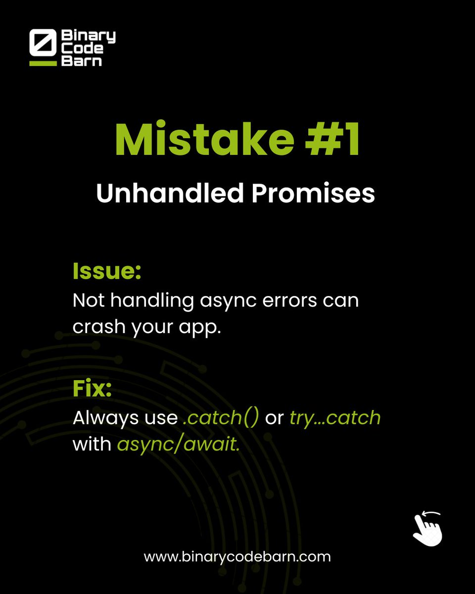binarycodebarn's tweet image. Top 3 Mistakes Devs Make with Node.js APIs
From silent promise rejections to overloaded routes – small mistakes can lead to major bugs.

✅ Avoid these pitfalls. Build better APIs.
🔗 Learn more at binarycodebarn.com

#Nodejs #BackendTips #BinaryCodeBarn #APIBestPractices