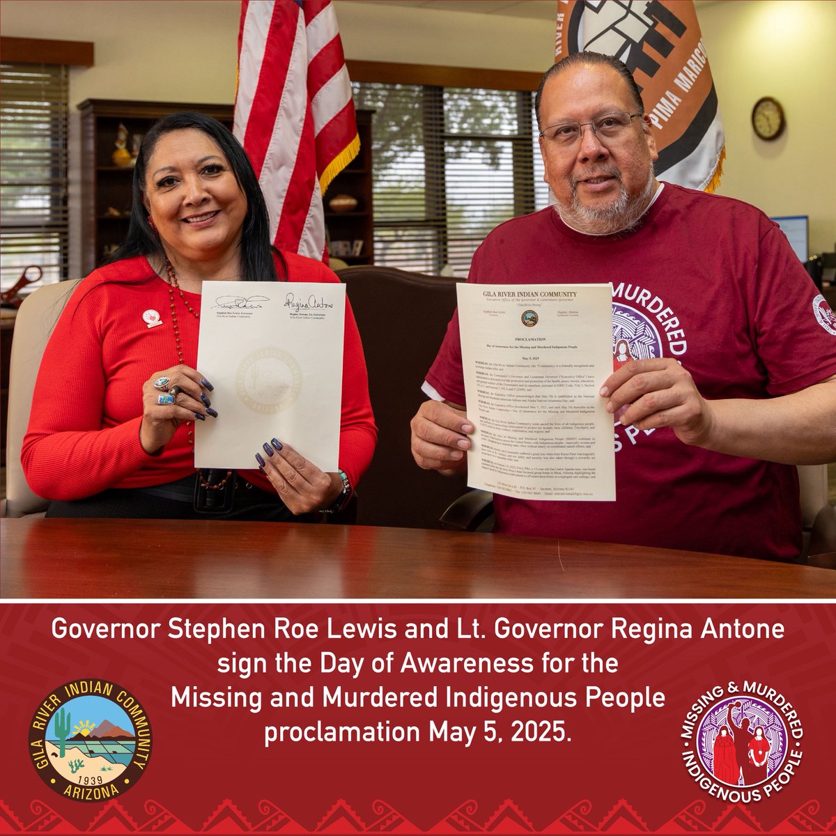 Gov. Stephen Roe Lewis and Lt. Gov. Regina Antone sign the Day of Awareness for Missing &amp; Murdered Indigenous People proclamation. #MMIP