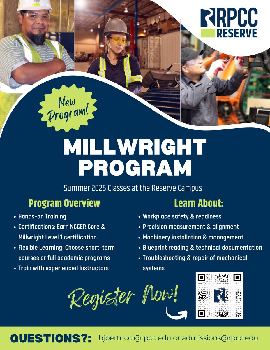 RiverParishesCC (@riverparishescc) on Twitter photo RPCC’s Millwright Summer program at our Reserve Campus offers hands-on training, industry certifications, and expert instruction to launch your career in industrial maintenance.
Contact bjbertucci@rpcc.edu for more information or apply now at rpcc.edu. RPCC’s Millwright Summer program at our Reserve Campus offers hands-on training, industry certifications, and expert instruction to launch your career in industrial maintenance.
Contact bjbertucci@rpcc.edu for more information or apply now at rpcc.edu.