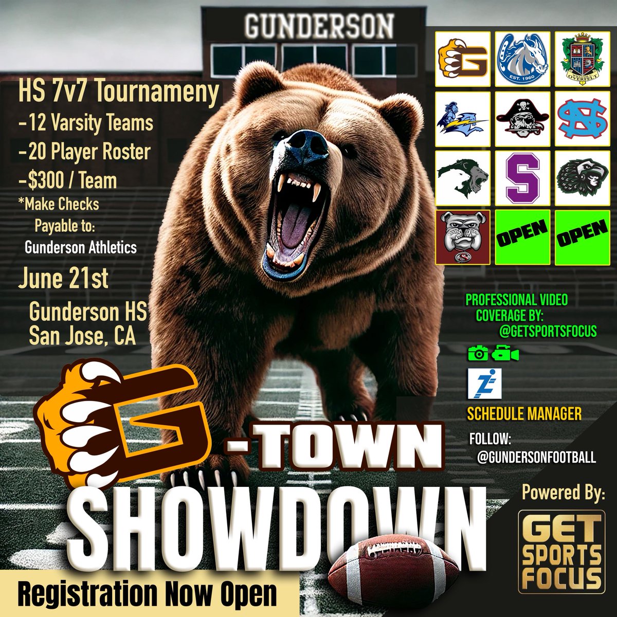 GetSportsFocus (@getsportsfocus) on Twitter photo ✌🏽 SPOTS OPEN
<a href="/GundersonFB/">Gunderson Grizzly Football</a>
🏈 G-Town Showdown #1
DM <a href="/GundersonFB/">Gunderson Grizzly Football</a> for registration info.
😎 This is going to be an instant classic.
✅ Follow <a href="/GetSportsFocus/">GetSportsFocus</a> ✌🏽 SPOTS OPEN
<a href="/GundersonFB/">Gunderson Grizzly Football</a>
🏈 G-Town Showdown #1
DM <a href="/GundersonFB/">Gunderson Grizzly Football</a> for registration info.
😎 This is going to be an instant classic.
✅ Follow <a href="/GetSportsFocus/">GetSportsFocus</a>