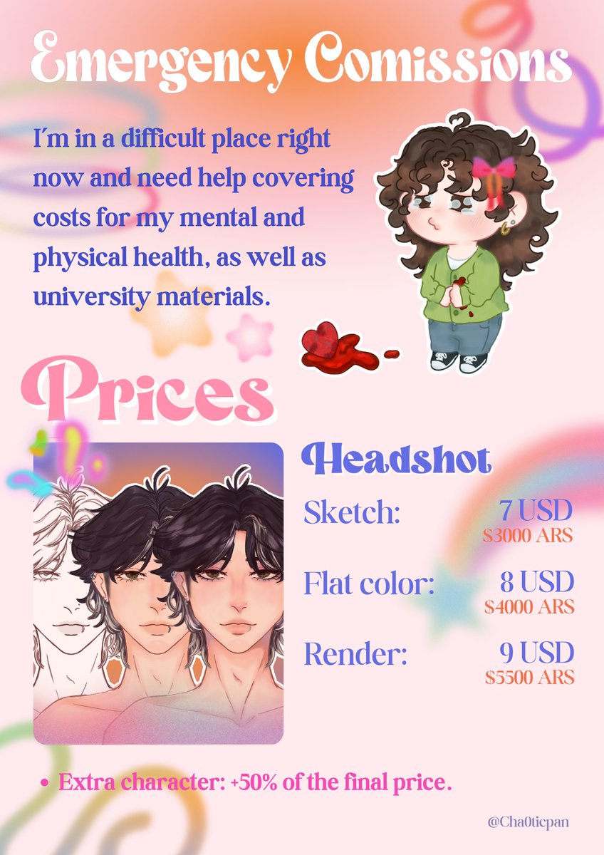 cha0ticpan's tweet image. * EMERGENCY COMISSIONS OPEN *

hii im from argentina and my economic situación is difficult right now, so i open comissions to pay for my needs.

is my first time doing this, please be patient w me.❤️‍🩹

💘RTs are appreciated

[tabla en español abajo]
#comissionsopen #comission