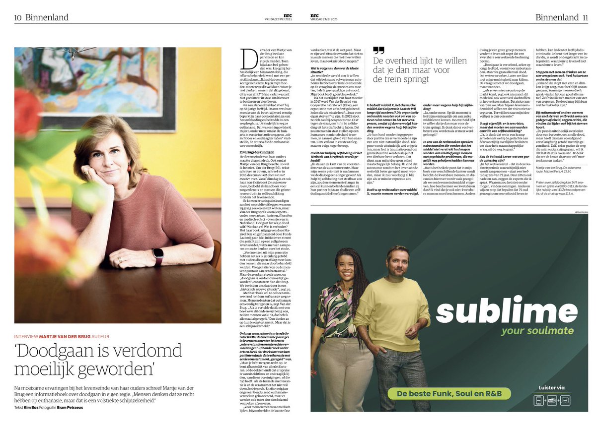Blij met dit interview in <a href="/nrc/">NRC</a> bij het verschijnen van mijn informatieve boek ‘De autonome route - Zelfbeschikking over het levenseinde’. 
Lees het en doe mee aan de maatschappelijke dialoog! 
@cooperatielaatstewil, <a href="/WaardigSterven/">NVVE</a> <a href="/mazirelpers/">mazirelpers</a> <a href="/ScheltemaBoek/">Scheltema Boekverkopers</a>