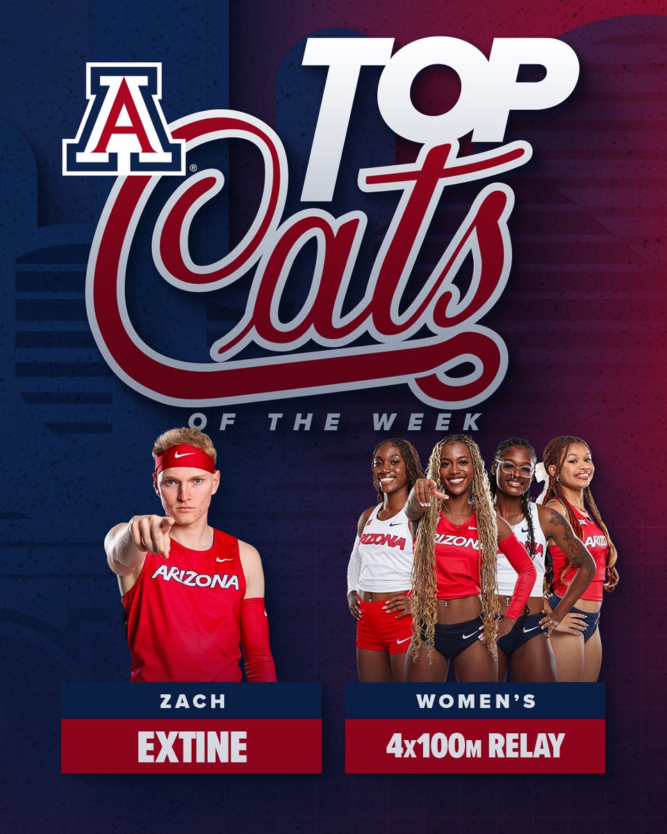 Arizona Athletics (@azathletics) on Twitter photo TOP CATS OF THE WEEK πΌ
π Zach Extine, <a href="/ArizonaTrack/">Arizona Track & Field/Cross Country</a>
Β· Won the men's 110m hurdles with a school record and Drachman Stadium record time of 13.17, good for second in the NCAA this season
π Women's 4x100m Relay, <a href="/ArizonaTrack/">Arizona Track & Field/Cross Country</a>
Β· Arizona's team of Ava Simms, McKenna Watson, TOP CATS OF THE WEEK πΌ
π Zach Extine, <a href="/ArizonaTrack/">Arizona Track & Field/Cross Country</a>
Β· Won the men's 110m hurdles with a school record and Drachman Stadium record time of 13.17, good for second in the NCAA this season
π Women's 4x100m Relay, <a href="/ArizonaTrack/">Arizona Track & Field/Cross Country</a>
Β· Arizona's team of Ava Simms, McKenna Watson,