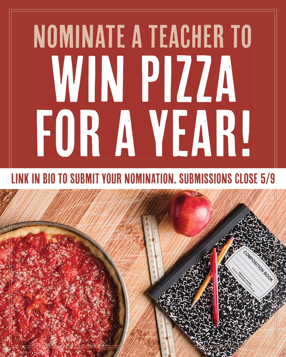 They teach. They inspire. They deserve deep dish! 🍕📚

Nominate your favorite teacher to win:

🍕 pizza for a year + $250 catering (10 grand prize winners)
🍕 $100 gift cards (60 winners)

Enter now through 5/9 here 👉 bit.ly/4m2DEvS

#TeacherAppreciationWeek