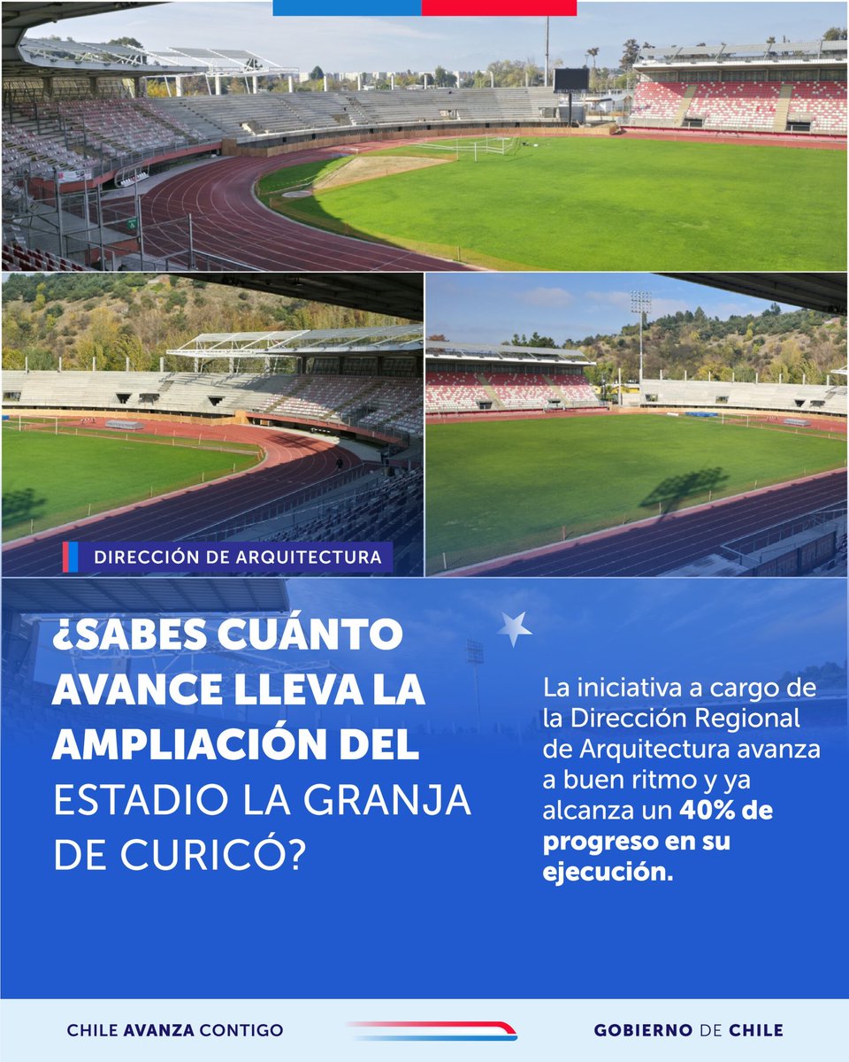 #MOPInforma:🇨🇱 La tercera y última etapa de la ampliación del estadio La Granja permitirá tener un aforo de 12 mil personas ya que se incorporan los codos norte y sur además de nuevas instalaciones, sistemas de audio, ssguridad y estacionamientos. #ArquitecturaMOP #Seremimopmaule