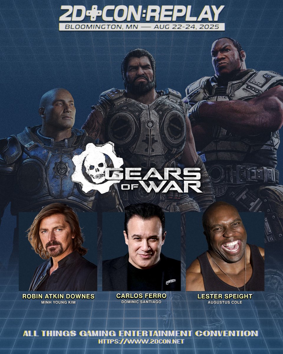 2D Con (@2dconvention) on Twitter photo We're celebrating 20 Years of Gears!
Meet <a href="/RealCarlosFerro/">Carlos Ferro</a> (Dom), <a href="/lesterspeight/">Lester Speight</a> (Cole Train) and <a href="/Robin_A_Downes/">Robin Atkin Downes</a> (Minh) at 2D Con 2025: Replay just a few short days before Gears of War Reloaded launches on Xbox, PC and PlayStation!
Learn more and get your tickets today at We're celebrating 20 Years of Gears!
Meet <a href="/RealCarlosFerro/">Carlos Ferro</a> (Dom), <a href="/lesterspeight/">Lester Speight</a> (Cole Train) and <a href="/Robin_A_Downes/">Robin Atkin Downes</a> (Minh) at 2D Con 2025: Replay just a few short days before Gears of War Reloaded launches on Xbox, PC and PlayStation!
Learn more and get your tickets today at
