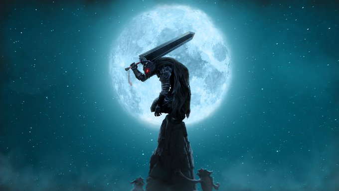 A detailed illustration of a man in profile in Berserk armor; ornate, ridged steel covering him from head to toe. A black cape flows over his back. From the slits in his dog-like helmet, his eyes glow red. He perches, bird-like, on a tall spire against a massive full moon. He clutches an impossibly large broadword, resting over one shoulder. Below, Fallen demons climb up toward him, reaching.