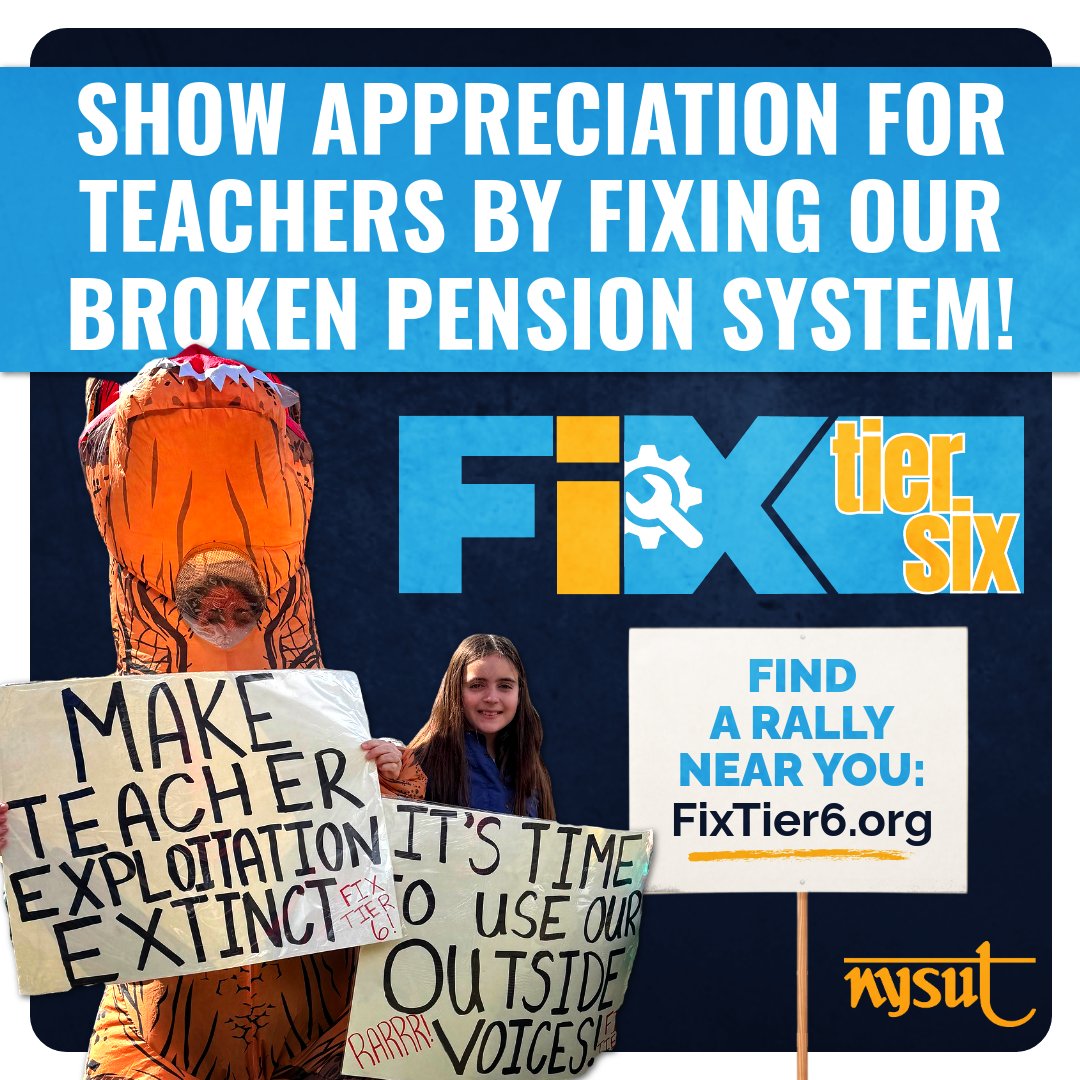 nysut's tweet image. Teacher appreciation 🤝 Fixing our broken pension system
This week is #TeacherAppreciationWeek AND on the 6th of the month we're gonna be back out rallying to #FixTier6. No better way to celebrate teachers than with a fair retirement.
Join us: fixtier6.org/events