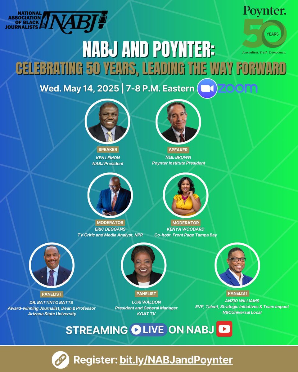#NABJ Headquarters βπΎποΈποΈπ» π· π₯ π π (@nabj) on Twitter photo NABJ and @Poynter_institute are both turning 50 in 2025 and weβre coming together to talk about whatβs next for journalism.
Date: May 14, 2025
Time: 7-8 PM EST
Location: Zoom
Also Streaming Live on NABJβs YouTube
Register Now: bit.ly/NABJandPoynter
<a href="/Deggans/">Eric Deggans at NPR</a> <a href="/Cronkite_ASU/">Cronkite School</a> NABJ and @Poynter_institute are both turning 50 in 2025 and weβre coming together to talk about whatβs next for journalism.
Date: May 14, 2025
Time: 7-8 PM EST
Location: Zoom
Also Streaming Live on NABJβs YouTube
Register Now: bit.ly/NABJandPoynter
<a href="/Deggans/">Eric Deggans at NPR</a> <a href="/Cronkite_ASU/">Cronkite School</a>