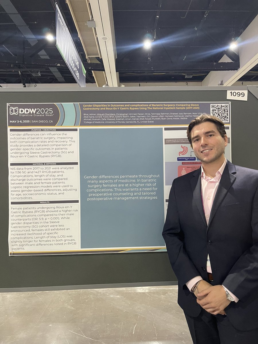 Truly inspiring to be surrounded by so many brilliant minds in GI at #DDW2025! 🧠 Honored to present our team’s work—led by Dr. Adnan Bhatt—on gender disparities in bariatric surgery outcomes. ⚖️ 📊 #GITwitter #MedTwitter #BariatricSurgery