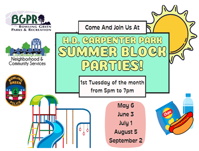 CityofBGKY's tweet photo. ๐ฃ The first H.D. Carpenter Park Block Party of the season is TOMORROW!
๐๏ธ Tuesday, May 6 | 5โ7 PM
๐ 517 W Main Ave
๐ญ Free food, ๐ถ music, games & family fun!
Hosted by BG Parks, NCS & BGPD
#BGKY #HDCarpenterPark #SummerBlockParty #BGPD #BGPARKS #HDCarpenterPark https://t.co/YcqlPmRtB1
