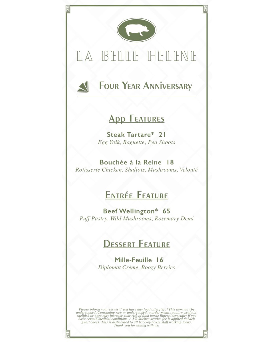 Celebrate Four Years with us this Thursday, May 8th🥂 We will be offering special anniversary feature in addition to our regular a la carte dinner menu! 
#LaBelleHelene #UptownCharlotte