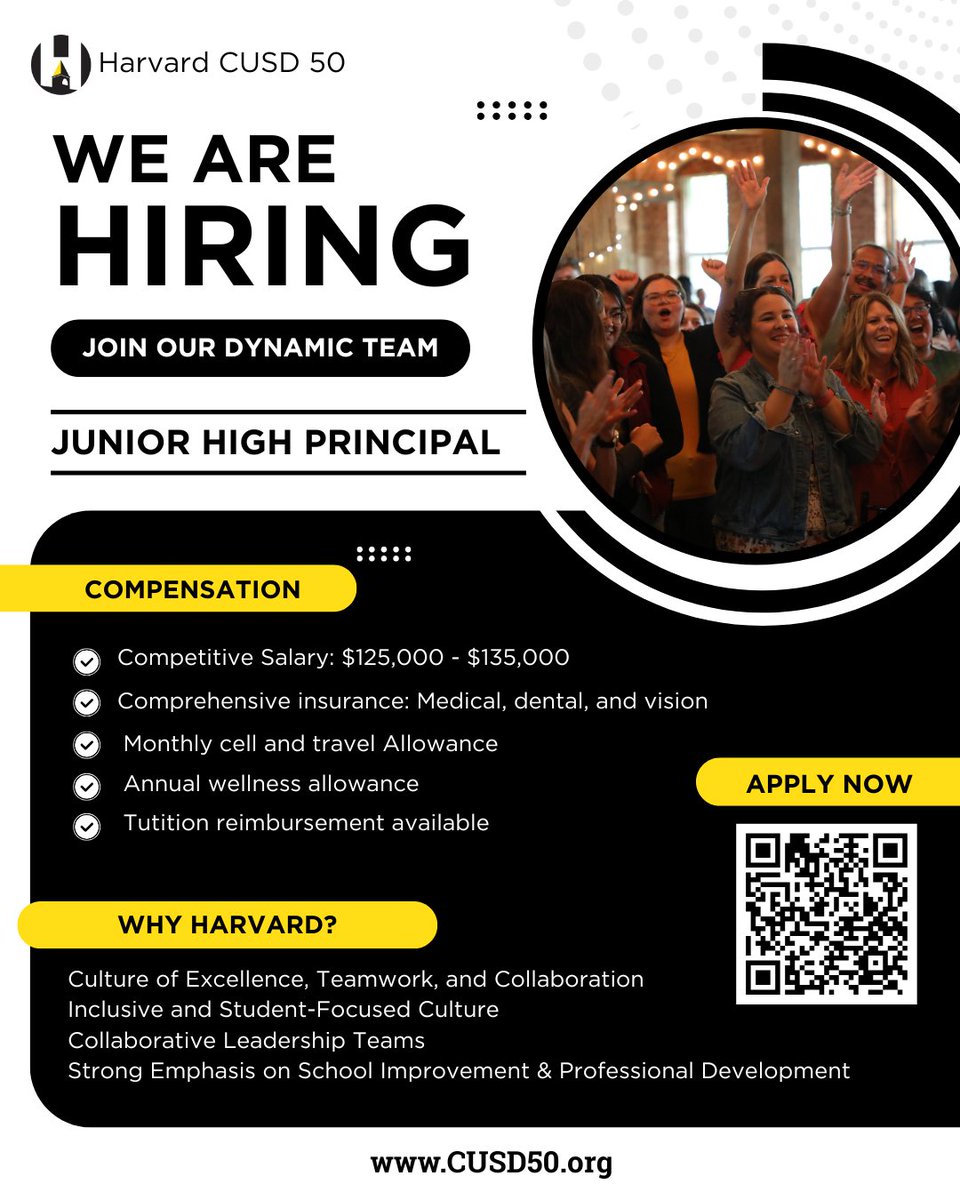 Great opportunity just announced! <a href="/HarvardD50/">Harvard CUSD 50</a> is hiring a Junior High Principal. We’re looking for a dynamic leader committed to student growth, collaboration, and innovation. #HarvardRising 

Don't hesitate, apply today: cusd50.schoolspring.com/?jobid=4996644
