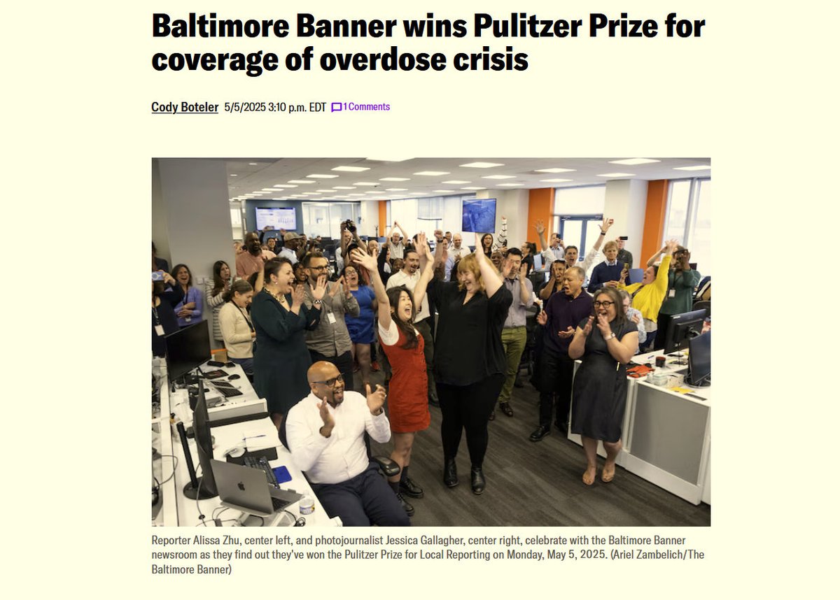 Baltimore Brew (@baltimorebrew) on Twitter photo Congrats to the <a href="/BaltimoreBanner/">The Baltimore Banner</a> for their Pulitzer win for coverage of Baltimore's overdose crisis. Their nearly two-year project, in collaboration with <a href="/nytimes/">The New York Times</a>, produced powerful stories that are making a difference. Hats off to <a href="/AlissaZhu/">Alissa Zhu</a> <a href="/JessMGallagher/">Jessica Gallagher</a> and <a href="/FurrierTranform/">Nick Thieme</a> Congrats to the <a href="/BaltimoreBanner/">The Baltimore Banner</a> for their Pulitzer win for coverage of Baltimore's overdose crisis. Their nearly two-year project, in collaboration with <a href="/nytimes/">The New York Times</a>, produced powerful stories that are making a difference. Hats off to <a href="/AlissaZhu/">Alissa Zhu</a> <a href="/JessMGallagher/">Jessica Gallagher</a> and <a href="/FurrierTranform/">Nick Thieme</a>
