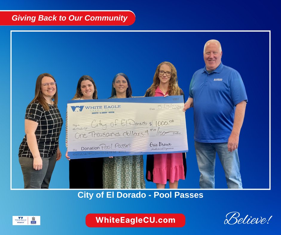 We believe in giving back! 📷 Today, we presented a check to the City of El Dorado to help provide pool passes for families this summer. 📷📷
Everyone deserves a chance to make a splash, and we’re honored to support a fun, safe summer for our community.
#CommunitySupport