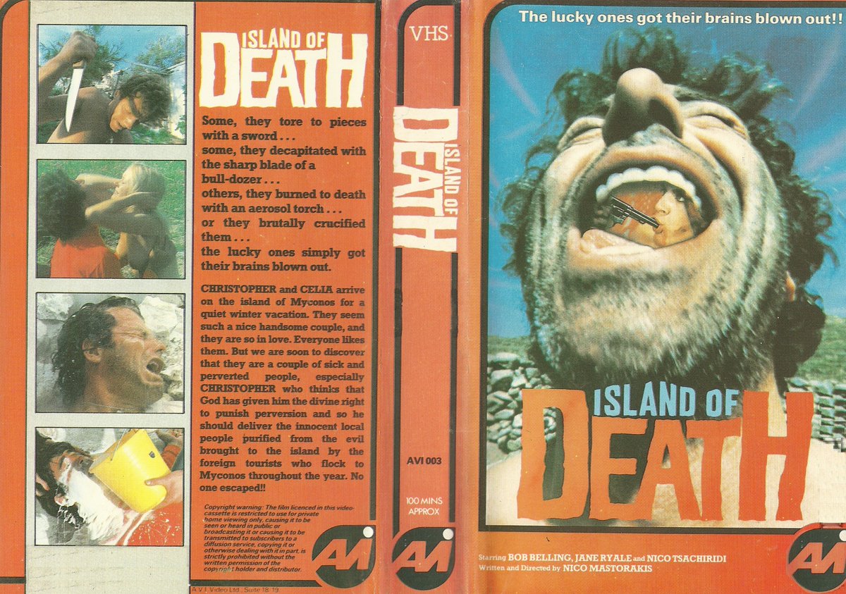 AJ (@jalanj) on Twitter photo #NowWatching
Island of Death (1976)
A couple of perverts posing as newlyweds visit a Greek island and go on a rampage of murder, killing anyone they believe to be sinful.
Video nasty written and directed by Nico Mastorakis
<a href="/grendelvaldez/">grendelvaldez</a> <a href="/Bloodofkirby78/">Bloodofkirby7878</a> @conniejojo2 <a href="/ggsdungeon/">Goregirl</a> #NowWatching
Island of Death (1976)
A couple of perverts posing as newlyweds visit a Greek island and go on a rampage of murder, killing anyone they believe to be sinful.
Video nasty written and directed by Nico Mastorakis
<a href="/grendelvaldez/">grendelvaldez</a> <a href="/Bloodofkirby78/">Bloodofkirby7878</a> @conniejojo2 <a href="/ggsdungeon/">Goregirl</a>