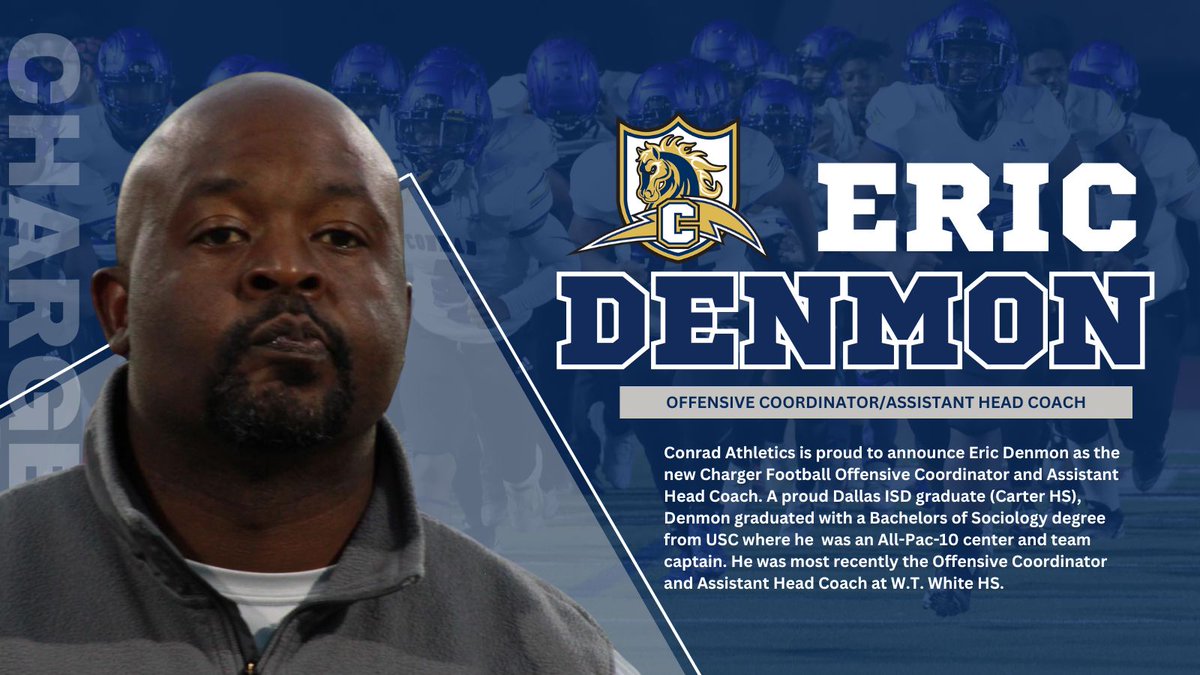 Josh Ragsdale (@joshragsdale) on Twitter photo Welcome to Conrad Coach Denmon! I'm excited to have you on staff. <a href="/ConradChargerFB/">Conrad Charger Football</a>
<a href="/SBarrios_DISD/">Dr. Sandra Barrios-Rojas, Executive Director</a> <a href="/DallasISDSupt/">Dr. Stephanie S. Elizalde</a> <a href="/dallasathletics/">Dallas ISD Athletics</a> <a href="/RyanZysk/">Ryan Zysk</a> <a href="/DrBrianLusk/">Brian Lusk</a> <a href="/MTTyeskie1/">M.T. Tyeskie, M.Ed.,RAA,TAAC</a> <a href="/Barnett94Brian/">Coach Brian Barnett</a> <a href="/VivFairley/">Vivian Chandler Fairley</a> <a href="/NeshaMaston/">Dr. Nesha Maston</a> <a href="/TasbyAthletics/">SamTasbyAthletics</a> <a href="/DanforDISD/">Dan Micciche</a> Welcome to Conrad Coach Denmon! I'm excited to have you on staff. <a href="/ConradChargerFB/">Conrad Charger Football</a>
<a href="/SBarrios_DISD/">Dr. Sandra Barrios-Rojas, Executive Director</a> <a href="/DallasISDSupt/">Dr. Stephanie S. Elizalde</a> <a href="/dallasathletics/">Dallas ISD Athletics</a> <a href="/RyanZysk/">Ryan Zysk</a> <a href="/DrBrianLusk/">Brian Lusk</a> <a href="/MTTyeskie1/">M.T. Tyeskie, M.Ed.,RAA,TAAC</a> <a href="/Barnett94Brian/">Coach Brian Barnett</a> <a href="/VivFairley/">Vivian Chandler Fairley</a> <a href="/NeshaMaston/">Dr. Nesha Maston</a> <a href="/TasbyAthletics/">SamTasbyAthletics</a> <a href="/DanforDISD/">Dan Micciche</a>