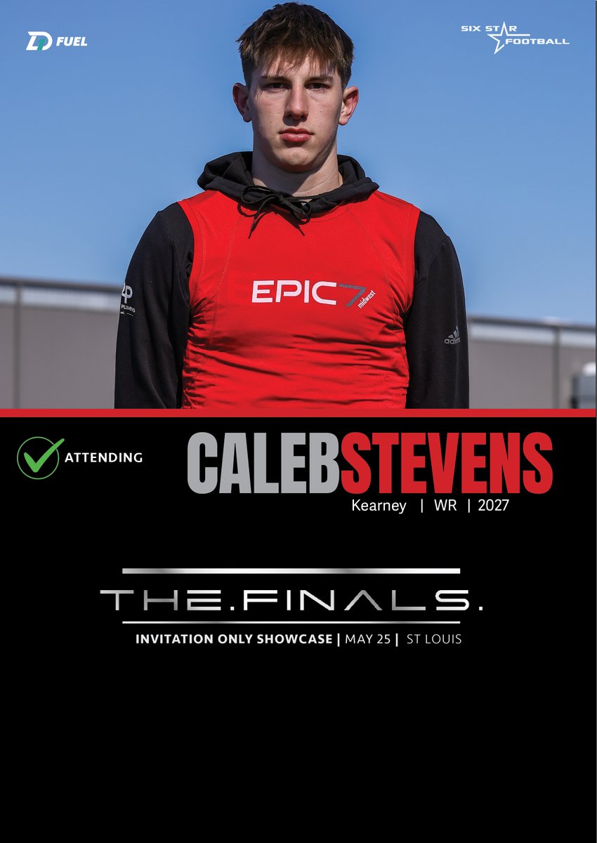 Six Star Football | MISSOURI (@6starfootballmo) on Twitter photo TheFINALS | Caleb Stevens
6’6, 185 | WR | 2027 | Kearney (MO) | <a href="/calebstevens_11/">Caleb Stevens</a>
⭐Rising prospect Caleb Stevens will be attending TheFINALS!
⭐Talented prospect drawing early interest from Iowa State, Kansas, Kansas State, Missouri Southern, Harding, Washburn and TheFINALS | Caleb Stevens
6’6, 185 | WR | 2027 | Kearney (MO) | <a href="/calebstevens_11/">Caleb Stevens</a>
⭐Rising prospect Caleb Stevens will be attending TheFINALS!
⭐Talented prospect drawing early interest from Iowa State, Kansas, Kansas State, Missouri Southern, Harding, Washburn and