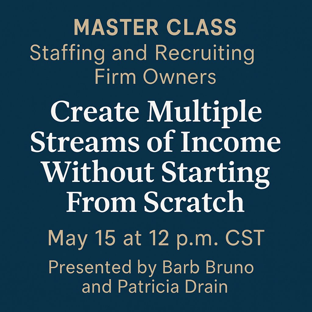 Staffing Firm Owners, if placements and fills are your only sources of revenue. join Patricia Drain and I, for a Free Master Class  to add multiple streams of revenue.
🎯 Save your seat now: attendee.gotowebinar.com/register/91109…

You don’t need additional overhead – just the right strategy!
