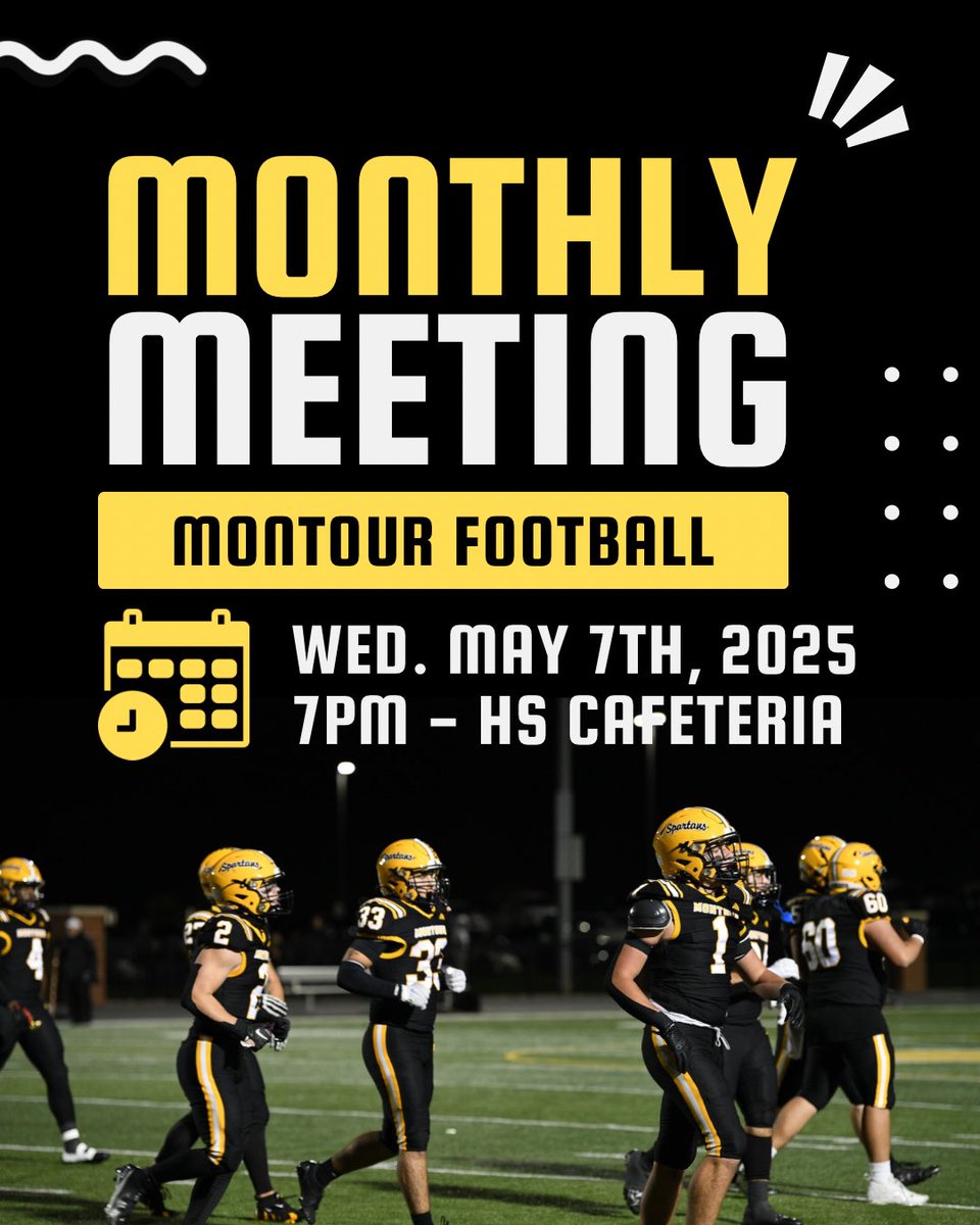 🏈‼️REMINDER - The Monthly Football Boosters Meeting is this coming:

🗓️ Wednesday, May 7th

⏰ 7PM 

📍High School Cafeteria

Discussing Cash Bash Results, Lift-A-Thon, Game Day Raffle, Golf Outing, Sponsorships and more!

See you there!

🖤🏈💛