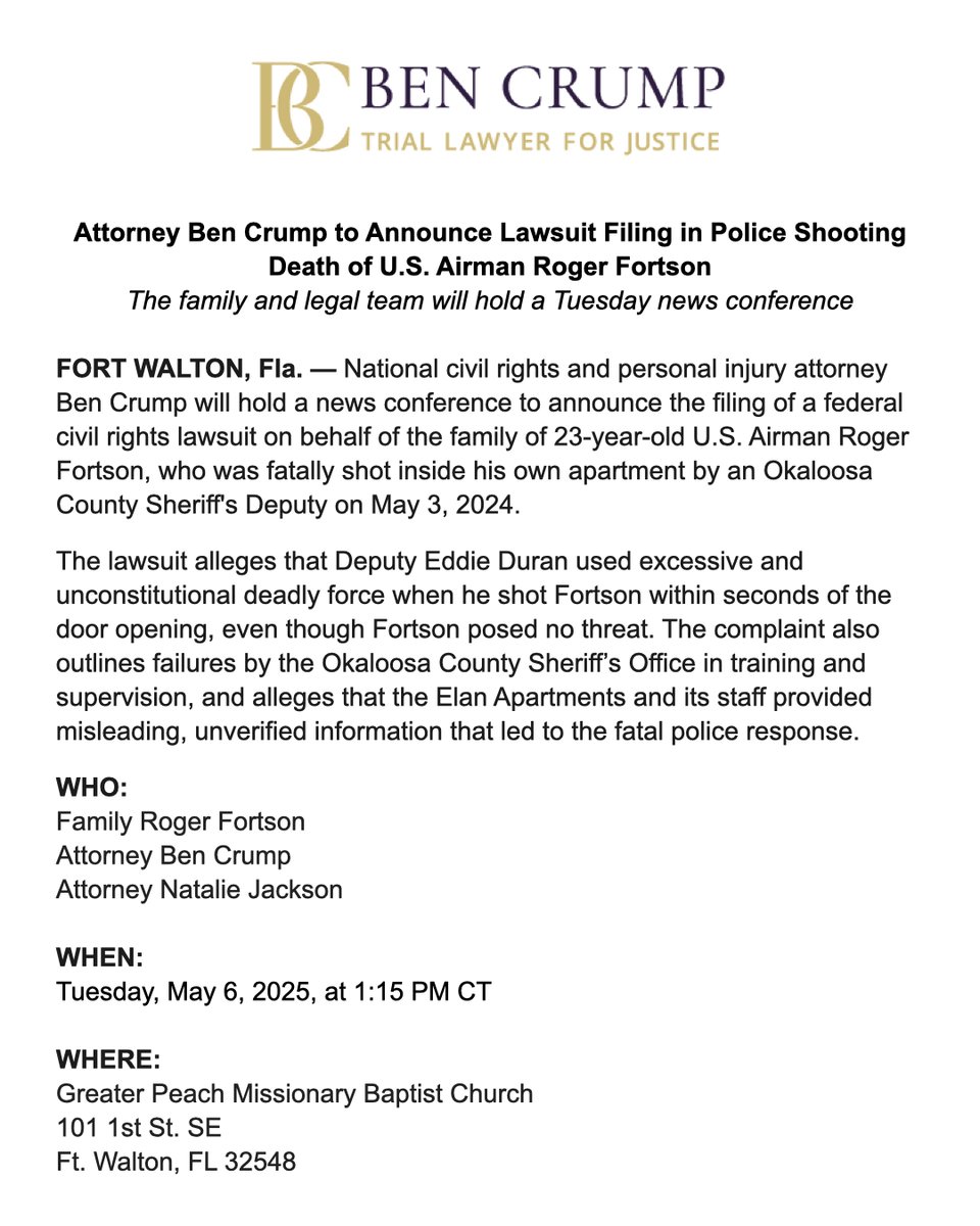 BenCrumpLaw's tweet image. MEDIA ALERT: Tomorrow at 1:15 PM CT, @AttorneyCrump will announce the filing of a federal civil rights lawsuit on behalf of the family of 23-yo U.S. Airman Roger Fortson, fatally shot in his own apartment by an Okaloosa County deputy on May 3, 2024.