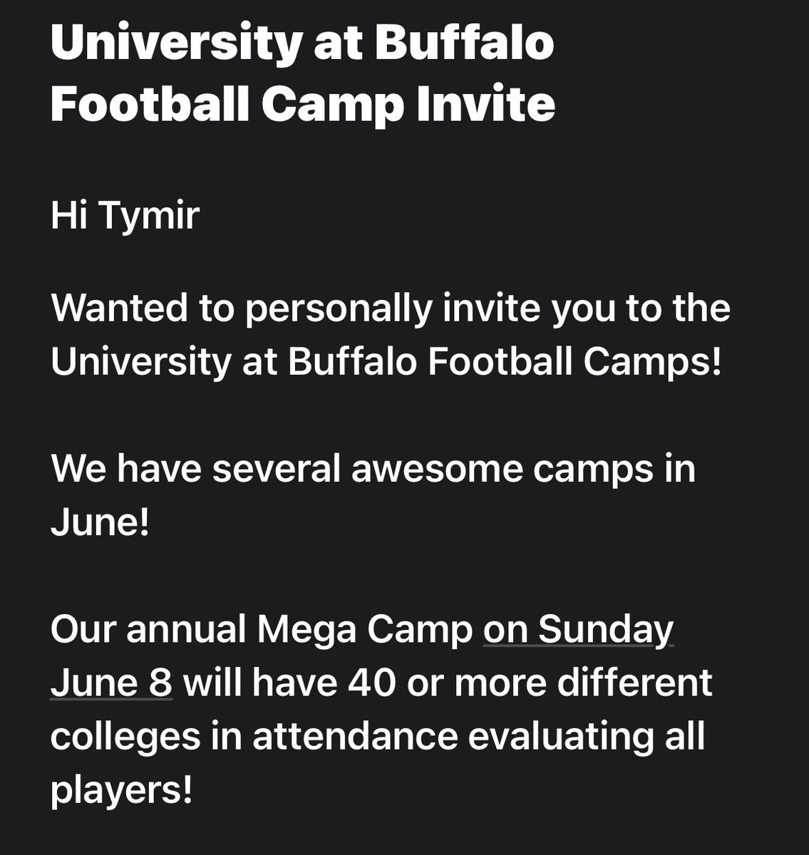 Thank you <a href="/ronwhitcomb/">Ron Whitcomb</a> and <a href="/UBFootball/">UB Football</a> for the camp invite