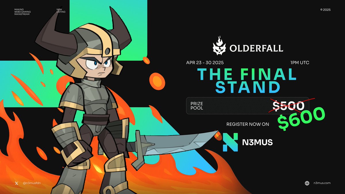 1/ Thanks to the incredible community energy around <a href="/Olderfall/">Olderfall</a>'s The Final Stand, we’re boosting the prize pool to $600! 🔥

We’re now rewarding places 21 to 40 with $5 each, because every battle counts. 💸

Keep showing up. Keep fighting.

Tourney link below 👇