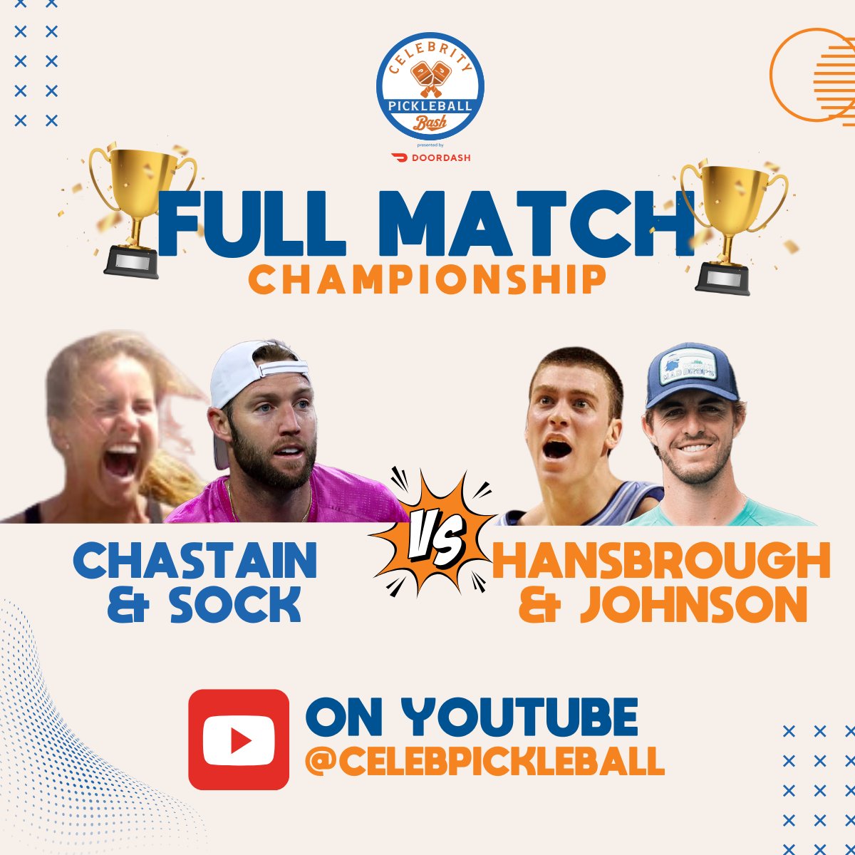 🏆🔥 It’s CHAMPIONSHIP TIME! The final showdown at the Celebrity Pickleball Bash presented by DoorDash is here: Brandi Chastain &amp; Jack Sock vs. Tyler Hansbrough &amp; Hunter Johnson.Watch the FULL Championship Match now on our YouTube channel!