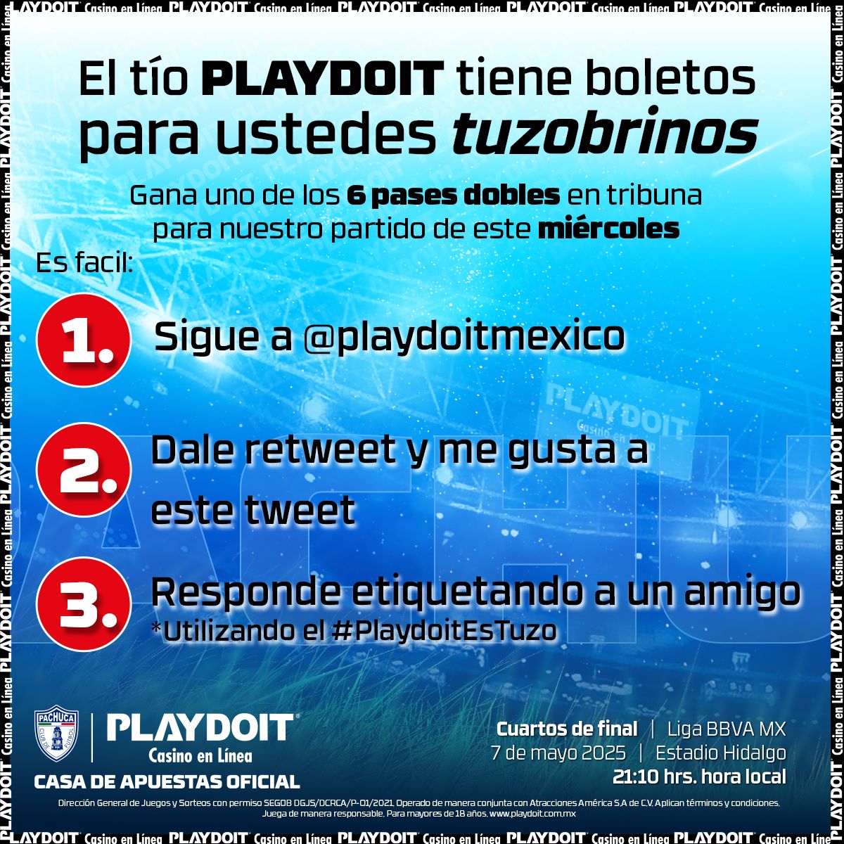 Club Pachuca (@tuzos) on Twitter photo ✨ | ¡La suerte está con los Tuzos!
Gana 1 de los 6 pases dobles en tribuna que el tío <a href="/playdoitmexico/">Playdoit México</a> trae para ti y acompáñanos en nuestro partido de este miércoles. 🏟️
Checa bien los pasos.
Tienes hasta el martes a las 12:00 hrs para participar.
#PlaydoitEsTuzo ✨ | ¡La suerte está con los Tuzos!
Gana 1 de los 6 pases dobles en tribuna que el tío <a href="/playdoitmexico/">Playdoit México</a> trae para ti y acompáñanos en nuestro partido de este miércoles. 🏟️
Checa bien los pasos.
Tienes hasta el martes a las 12:00 hrs para participar.
#PlaydoitEsTuzo